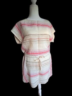 LOFT 100% Linen Striped Dress | Tie Waist | Short Sleeve | Size L